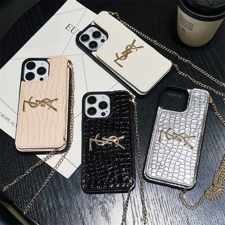 サンローランiPhone15ケースAMJ-YSLクロコダイルパターン斜め掛けカードホルダー