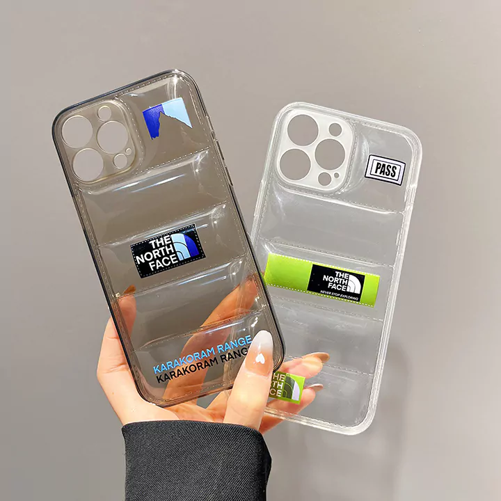 ノースフェイスiPhone16携帯カバー透明ダウンジャケット風